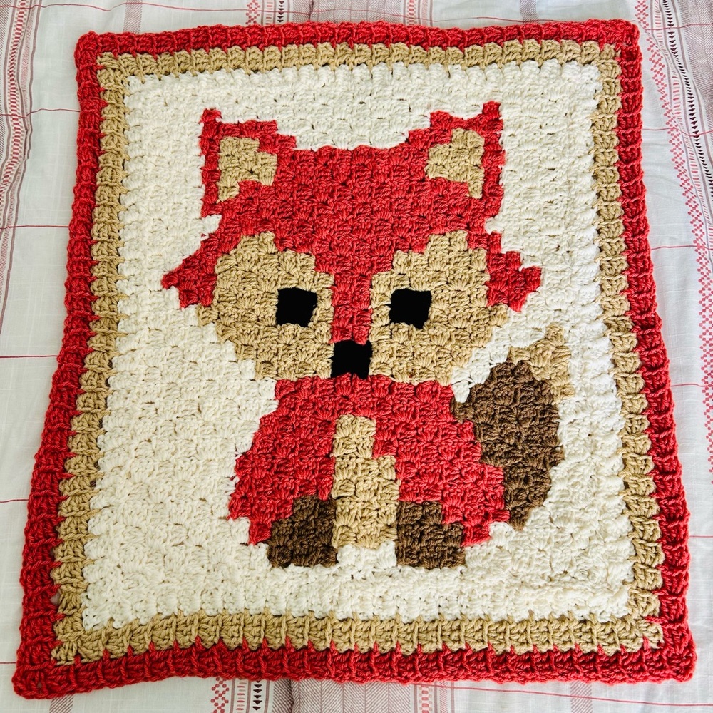 Crochet Fox baby Blanket in orange tan brown 25”x26”